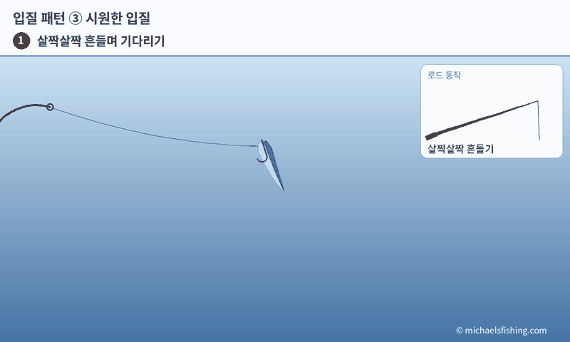 시원한 입질 대응 애니메이션: 덥석 물고 드랙 소리 → 바로 챔질 후 릴링